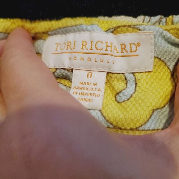 Tori Richard Sage moss Yellow white Pattern square neckline mini Shift Dress - Picture 3 of 5